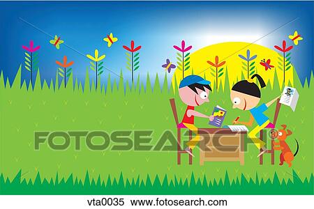 Stock Illustration - Side view of a boy and girl doing homework on a desk in the garden. Fotosearch