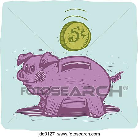 Stock Illustration - Side view of a piggy bank and coin. Fotosearch