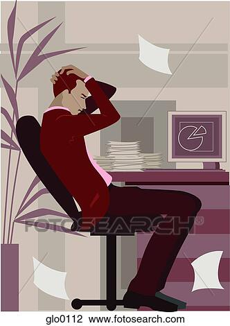 Drawing - Side view of frustrated businessman sitting at his desk, full-length. Fotosearch