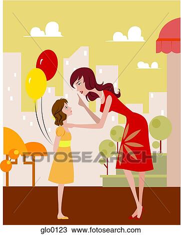 Side view of woman talking to her daughter who is holding balloons behind her back View Large Illustration Drawing - Side view of woman talking to her daughter who is holding balloons behind her back. Fotosearch