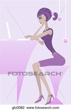 Drawing - Side view of woman working on laptop, full-length. Fotosearch