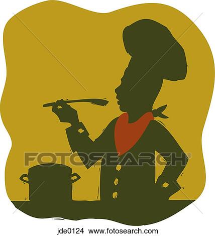 Stock Illustration - Silhouette of a chef tasting his food with a wooden spoon. Fotosearch