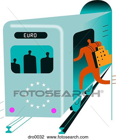 Silhouette of a man boarding a train in Europe View Large Illustration Drawing - Silhouette of a man boarding a train in Europe. Fotosearch