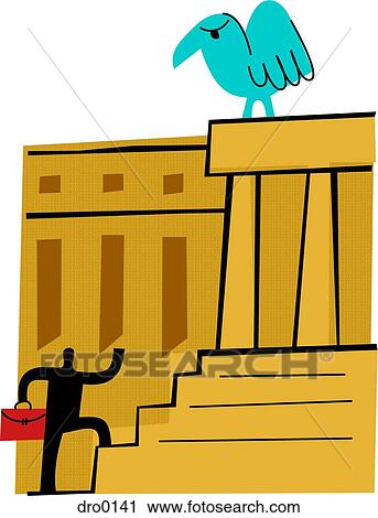 Clip Art - Silhouette of a man climbing the steps to the government building with an eagle on top. Fotosearch