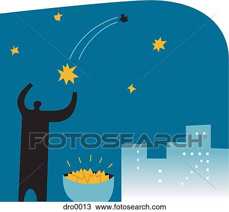 Drawing - Silhouette of a man collecting falling stars. Fotosearch