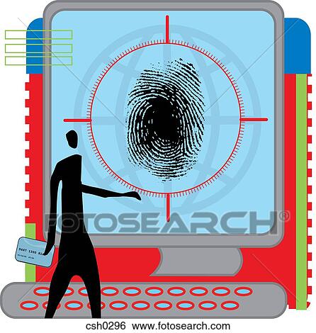 Stock Illustration - Silhouette of a man holding credit card and looking at a large screen with fingerprint. Fotosearch