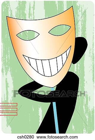 Clipart - Silhouette of a man looking out from behind a large smiling mask. Fotosearch