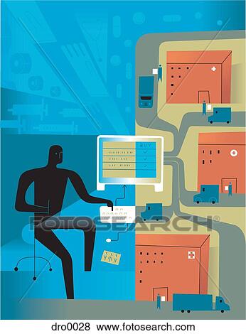 Stock Illustration - Silhouette of a man on computer, buying medical supplies online. Fotosearch