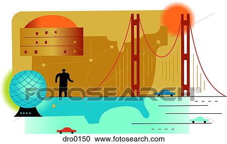 Clipart - Silhouette of a man standing on a bridge, with the US map as backdrop. Fotosearch