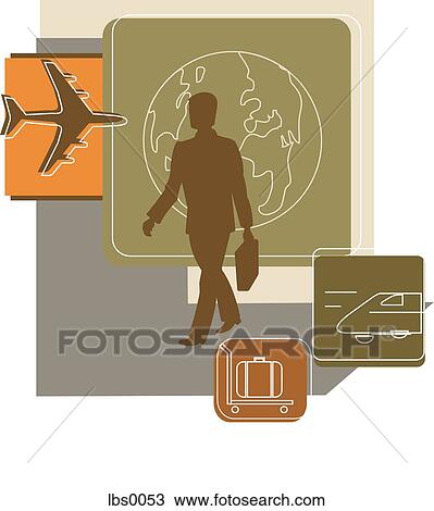 Silhouette of a man walking, against a collage of airplane, train, luggage and globe View Large Illustration Drawing - Silhouette of a man walking, against a collage of airplane, train, luggage and globe. Fotosearch
