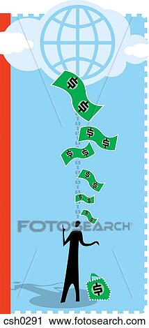 Silhouette of a man with a bag of money, and money in the sky View Large Illustration Clip Art - Silhouette of a man with a bag of money, and money in the sky. Fotosearch