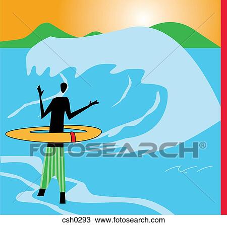 Silhouette of a man with inner tube, ocean wave in the background View Large Illustration Drawing - Silhouette of a man with inner tube, ocean wave in the background. Fotosearch