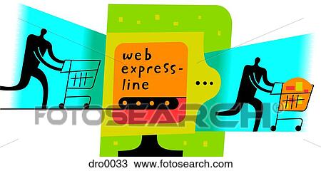 Silhouette of a man with shopping cart in sequence and a computer depicting speedy checkout online View Large Illustration Drawing - Silhouette of a man with shopping cart in sequence and a computer depicting speedy checkout online. Fotosearch