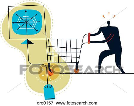 Stock Illustration - Silhouette of a man with shopping cart encountering a speed bump. Fotosearch