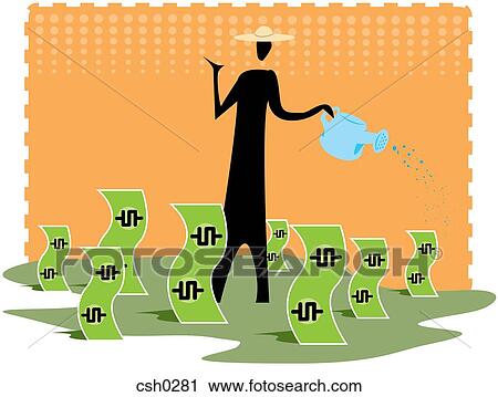 Clip Art - Silhouette of a person watering money plants. Fotosearch