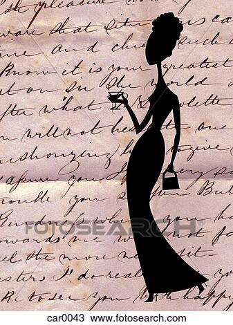 Drawing - Silhouette of a woman holding a cocktail, with a vintage letter in the background. Fotosearch
