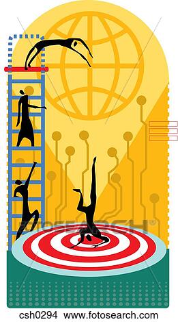 Silhouette of people climbing ladder, jumping and crashing onto target below View Large Illustration Stock Illustration - Silhouette of people climbing ladder, jumping and crashing onto target below. Fotosearch
