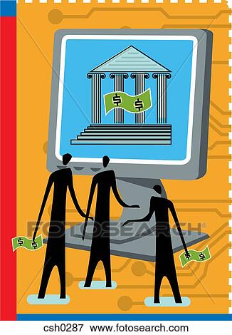 Stock Illustration - Silhouette of people holding money and looking at a computer screen showing a bank. Fotosearch