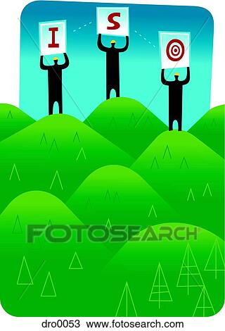 Drawing - Silhouette of three men standing on green hills and holding letters ISO to illustrate standardized forestry. Fotosearch