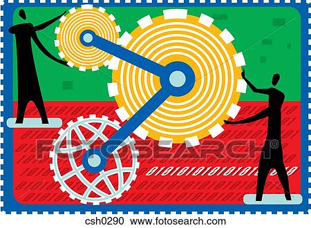 Clipart - Silhouette of two men turning gears. Fotosearch