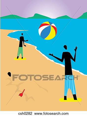 Drawing - Silhouette of two people playing beach ball, and another person buried in the sand. Fotosearch