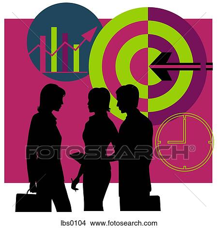 Silhouette of two women and a man talking, with chart and target in the background View Large Illustration Stock Illustration - Silhouette of two women and a man talking, with chart and target in the background. Fotosearch