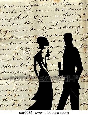 Stock Illustration - Silhouettes of a man and woman holding cocktails against a background of old script. Fotosearch