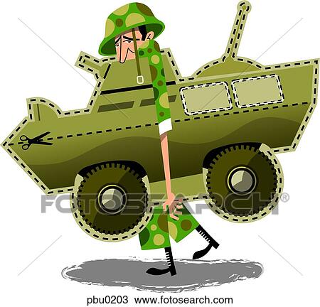Soldier carrying a cutout of a tank View Large Illustration Drawing - Soldier carrying a cutout of a tank. Fotosearch