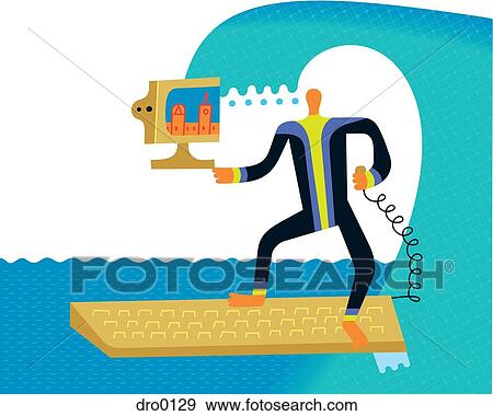 Surfing the net - a man with a computer on a surfboard View Large Illustration Stock Illustration - Surfing the net - a man with a computer on a surfboard. Fotosearch