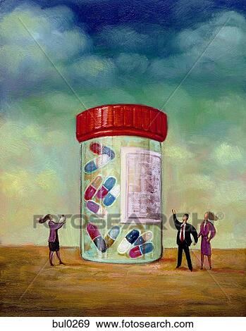 Three business people looking at a giant bottle of medicine View Large Illustration Stock Illustration - Three business people looking at a giant bottle of medicine. Fotosearch