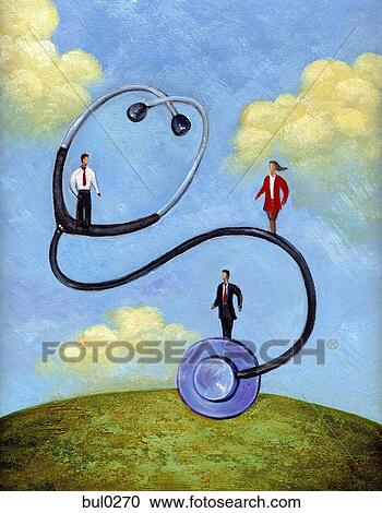 Three business people standing on a giant stethoscope View Large Illustration Clipart - Three business people standing on a giant stethoscope. Fotosearch