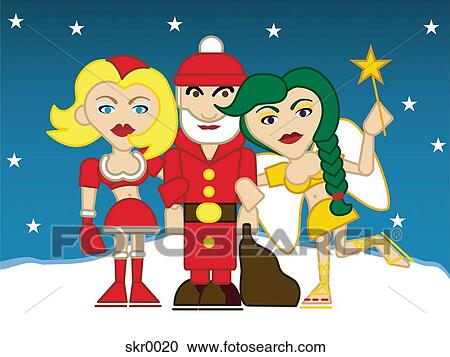 Three friends in fancy dresses celebrating Christmas View Large Illustration Clipart - Three friends in fancy dresses celebrating Christmas. Fotosearch
