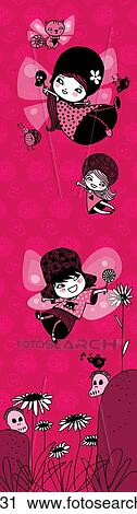 Three girls with wings flying against pink background View Large Illustration Clip Art - Three girls with wings flying against pink background. Fotosearch