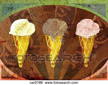 Stock Illustration - Three ice-cream cones in vanilla, chocolate and strawberry flavors. Fotosearch