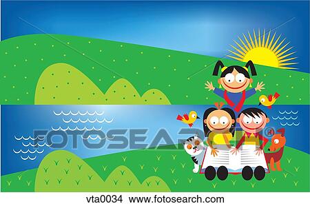 Stock Illustration - Three kids reading a book by the river, surrounded by cat, dog and birds. Fotosearch