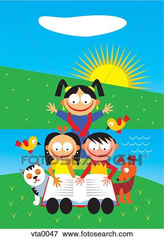 Stock Illustration - Three kids reading book by a river, surrounded by cat, dog and birds. Fotosearch