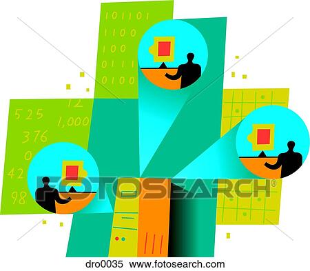 Stock Illustration - Three men on computers illustrating multi-user database. Fotosearch