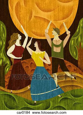 Stock Illustration - Three people dancing beneath the moon. Fotosearch