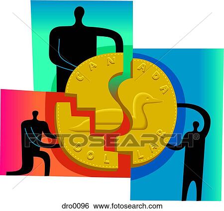 Three people joining the pieces of a puzzle to form a large gold coin View Large Illustration Stock Illustration - Three people joining the pieces of a puzzle to form a large gold coin. Fotosearch