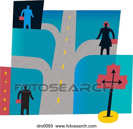 Drawing - Three people on different forks in the road. Fotosearch