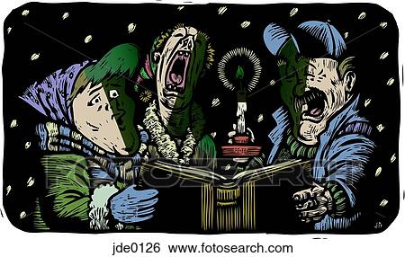 Three people singing Christmas carols View Large Illustration Stock Illustration - Three people singing Christmas carols. Fotosearch