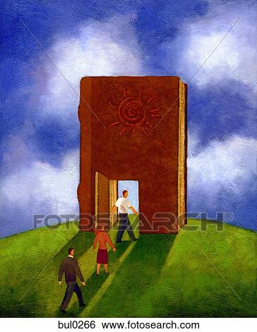 Stock Illustration - Three people walking through a doorway in a giant book. Fotosearch