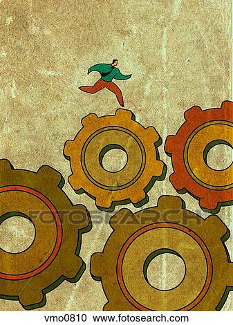 Tiny businessman running on giant gear wheels View Large Illustration Clipart - Tiny businessman running on giant gear wheels. Fotosearch