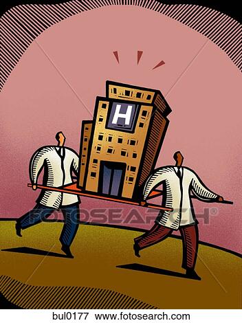 Two doctors carrying a hospital building on a stretcher View Large Illustration Stock Illustration - Two doctors carrying a hospital building on a stretcher. Fotosearch