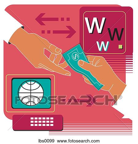 Stock Illustration - Two hands exchanging money from internet sales. Fotosearch