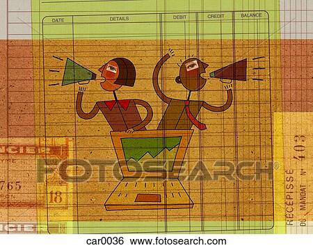 Stock Illustration - Two people shouting from blow horns, against a background of forms. Fotosearch