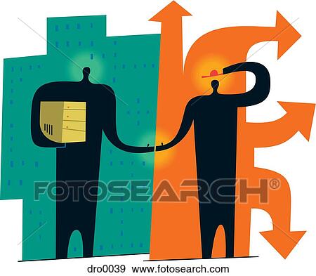 Stock Illustration - Two silhouetted businessmen shaking hands, forming tech partnership. Fotosearch