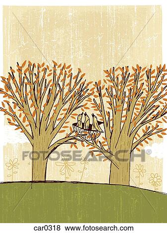 Stock Illustration - Two trees holding a bird nest. Fotosearch