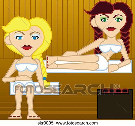 Two women relaxing in a sauna View Large Illustration Stock Illustration - Two women relaxing in a sauna. Fotosearch