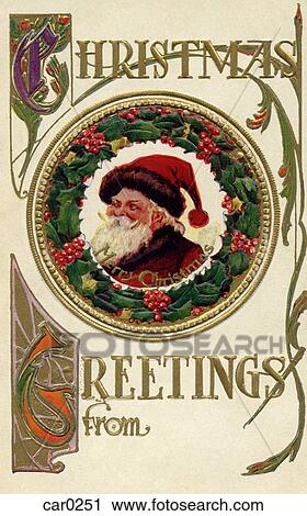 Clip Art - Vintage Christmas postcard of Santa Claus and a wreath. Fotosearch